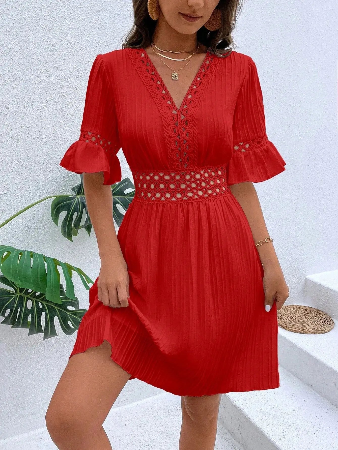 Elegant Women's Midi Dress 2024 Summer New Spliced Lace Fashion V-neck Waistband Solid White Dress Vacation