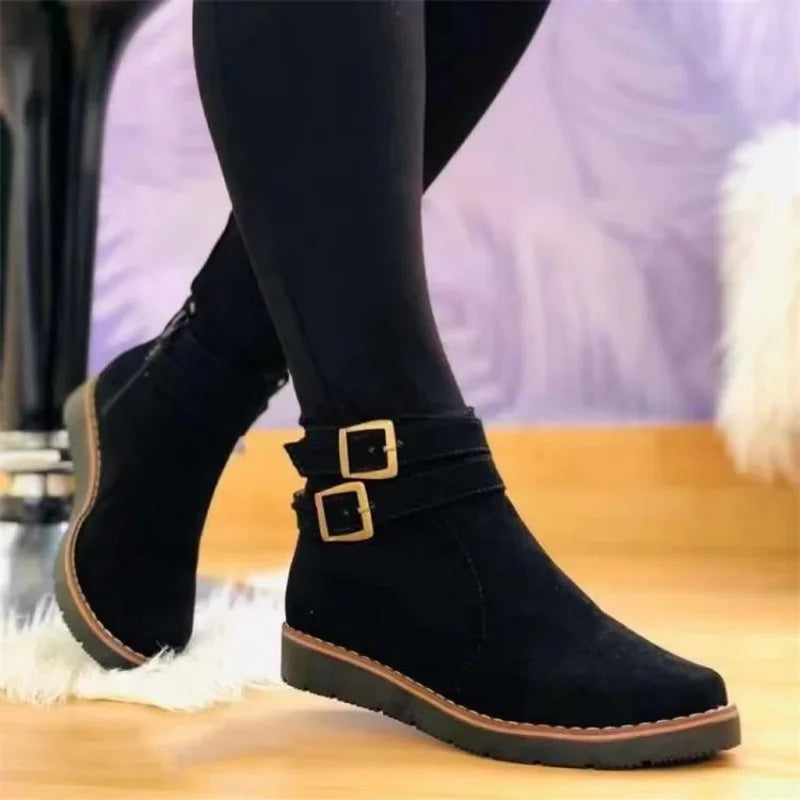 Ankle Boots Women Buckle Flat Suede Snow Boot Fashion Denim Winter 2024 New British Style Brown Warm Botas Mujer Plus Size 36 43