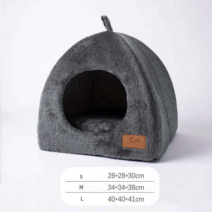 Gray Triangle Cat Nest – Closed Cat House, Warm & Thickened Pet Bed for Cats and Small Dogs, Cozy Cat Tent
