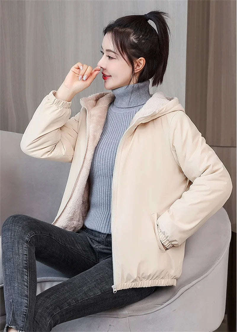 Add Velvet Padded Coat Women 2024 Winter Hooded Outerwear Ladies Warm Cotton-Padded Jacket New Fashion Overcoat Short Female Top