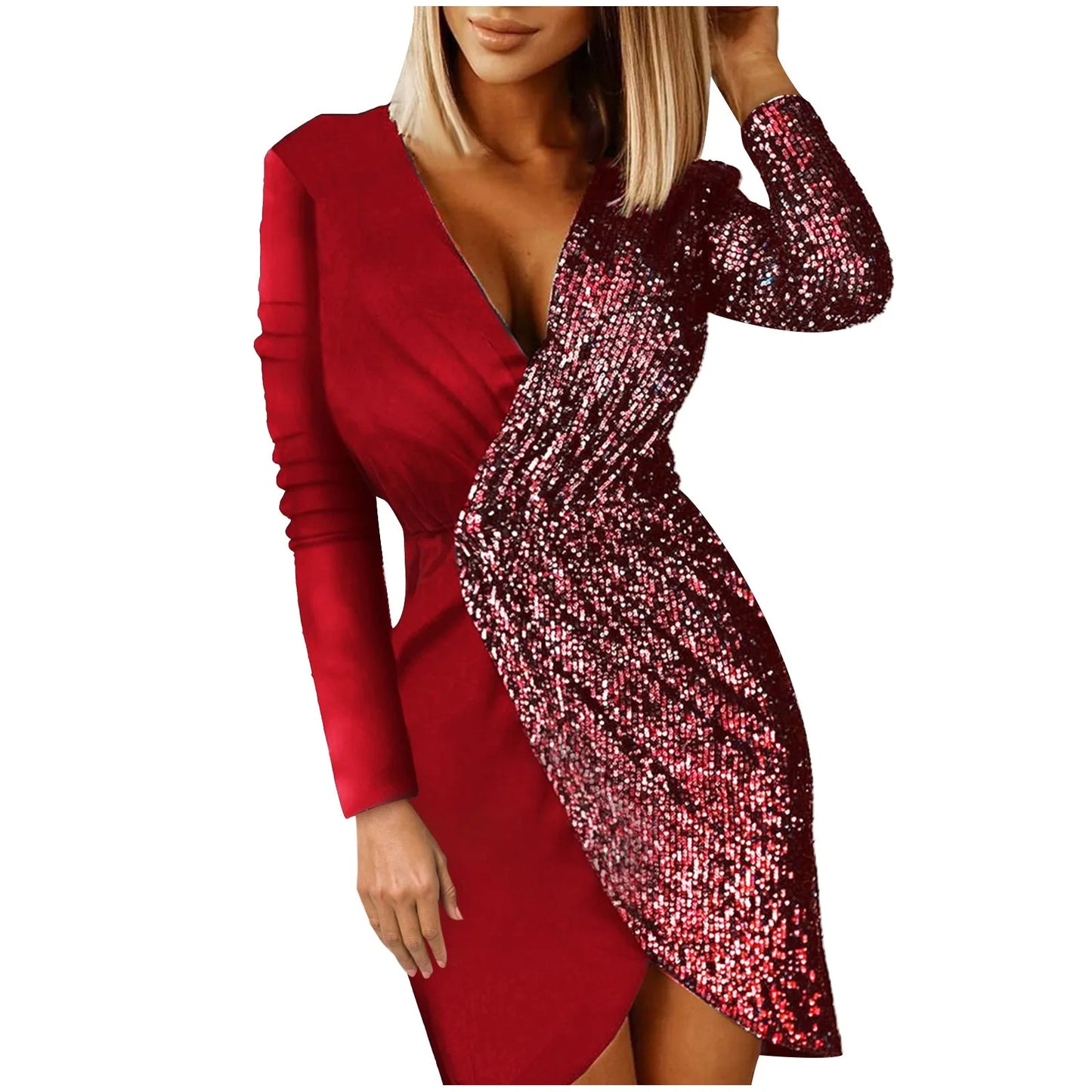 Sexy V-neck Sequins Patchwork Dress New Women Long Sleeve Short Dress Luxury Elegant Slim Lady Party Dresses Office Vestidos