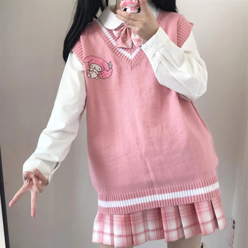 2024 School Kawaii Sweater Vest Cartoon Waistcoat Sweet Cute Preppy Style Women Pullover V-neck Embroidery Japanese Lolita Tops