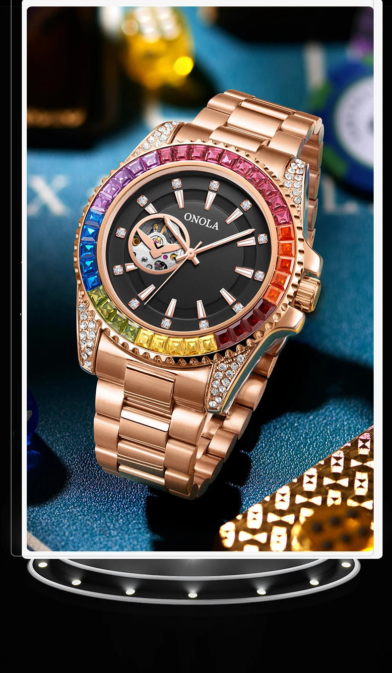 Fashion Colored Diamond Hollowed Out Watch for Men ONOLA Fully Automatic Mechanical Precision Strap for Men's Watch Clock