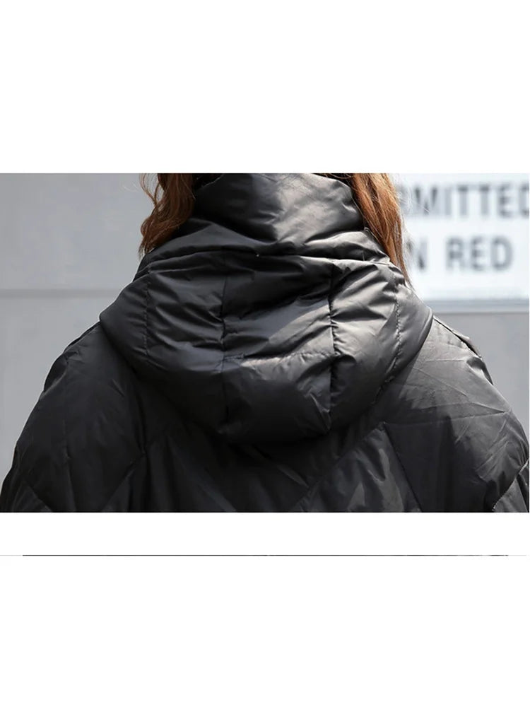 [EAM] Big Size Long Hooded Cotton-padded Coat Long Sleeve Loose Fit Women Parkas Fashion Tide New Autumn Winter 2024 JD1210