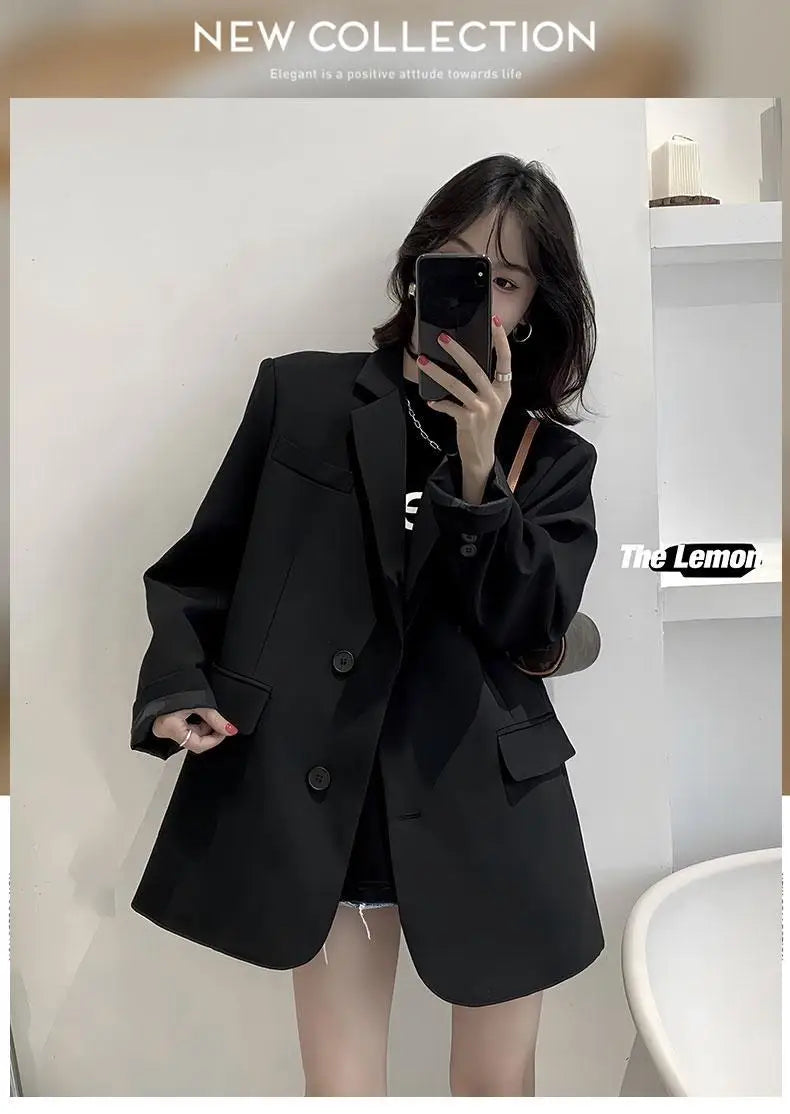 Spring Summerthin Loose Office Lady Fashionable Solid Color Blazers Button Pockets Notched Women's Clothing Long Sleeve Sweet