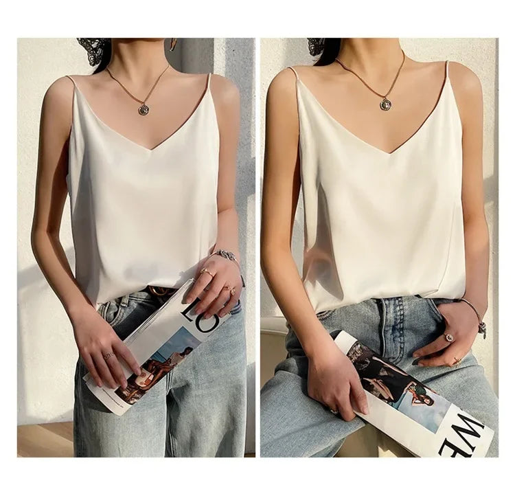 100 silk real silk 2023 summer women's clothing new slim v-neck short temperament inner top one-shoulder camisole