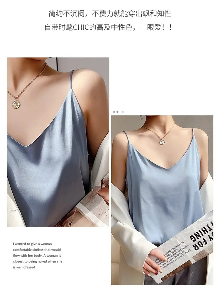 100 silk real silk 2023 summer women's clothing new slim v-neck short temperament inner top one-shoulder camisole