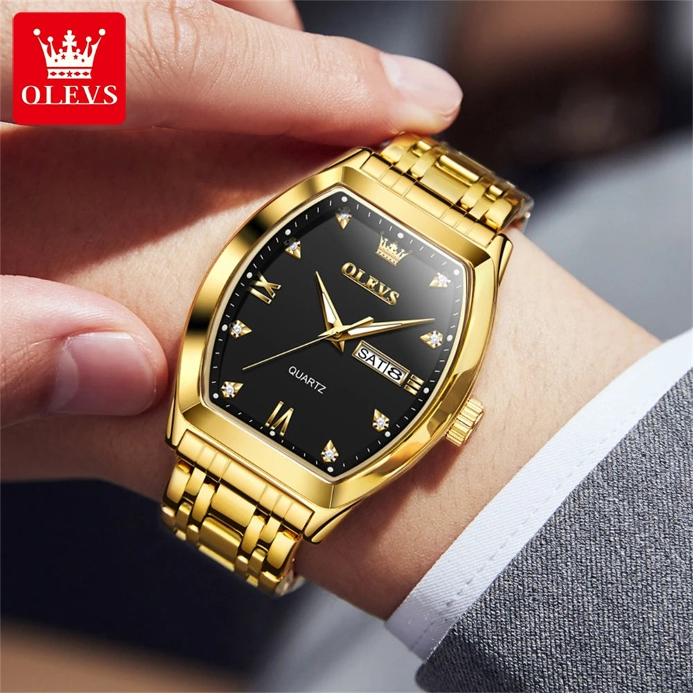 OLEVS 5528 Quartz Men's Watch Luxury Brand Diamond Business Stainless Steel Waterproof Tonneau dial Gold Watch Reloio Masculino