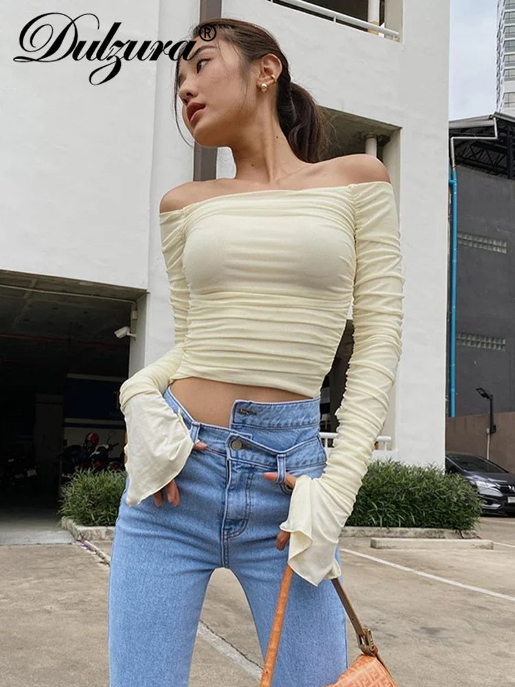 Dulzura Mesh Patchwork Women Long Sleeve Crop T Shirt Ruched Off Shoulder Bodycon Sexy Elegant Streetwear 2024 Spring Summer