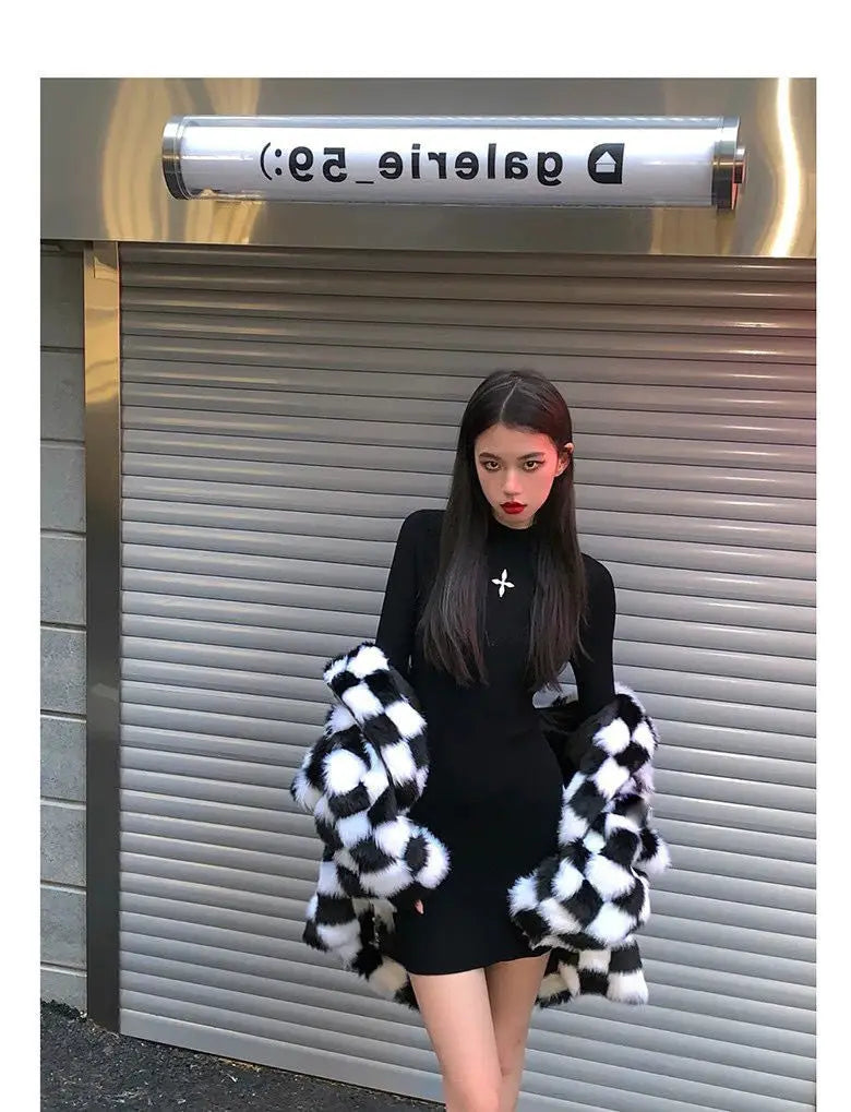 Chic Woman Winter Furry Checkerboard Bomber Jacket Faux Fox Fur Black White Plaids Hooded Coat Flocking Cardigan Fleece Tops