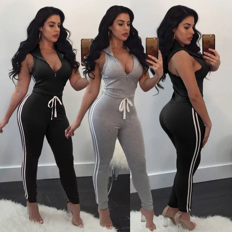 Women Deep V-neck Skinny Casual Striped Jumpsuits Zipper Work Out Sleeveless Long Overalls Grey Bodycon Workout Rompers