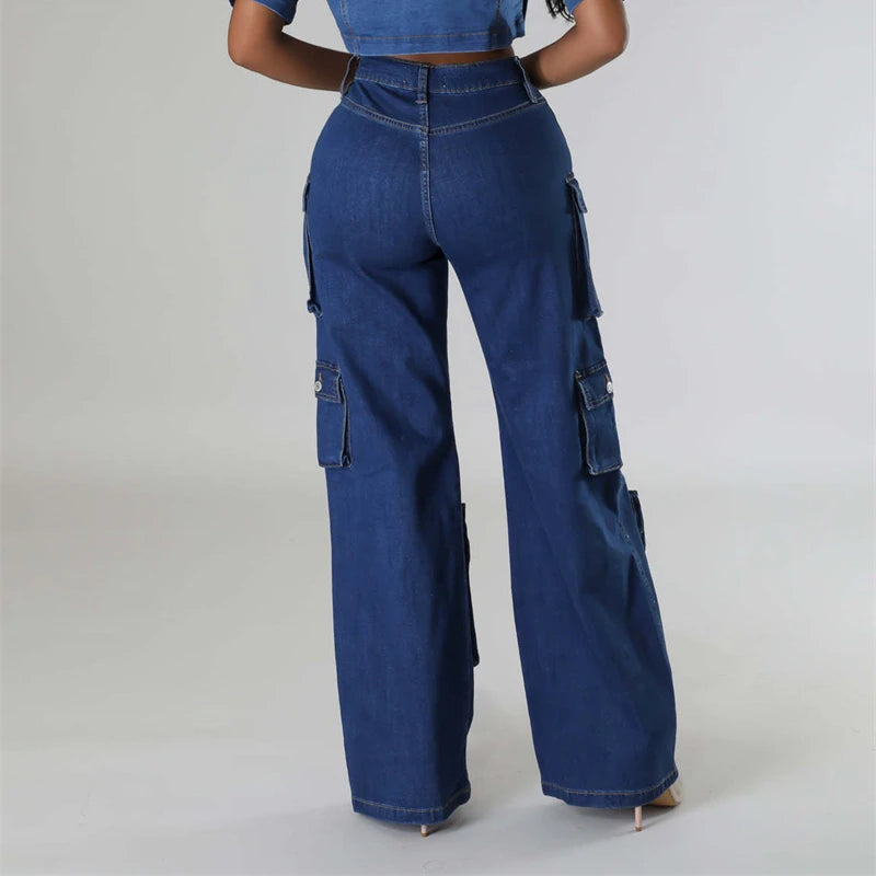 ZOMIGHT Pockets Wide Leg Woman Blue Cargo Jeans Womens Vintage High Waist Baggy Denim Pants Casual Loose Trousers Streetwears