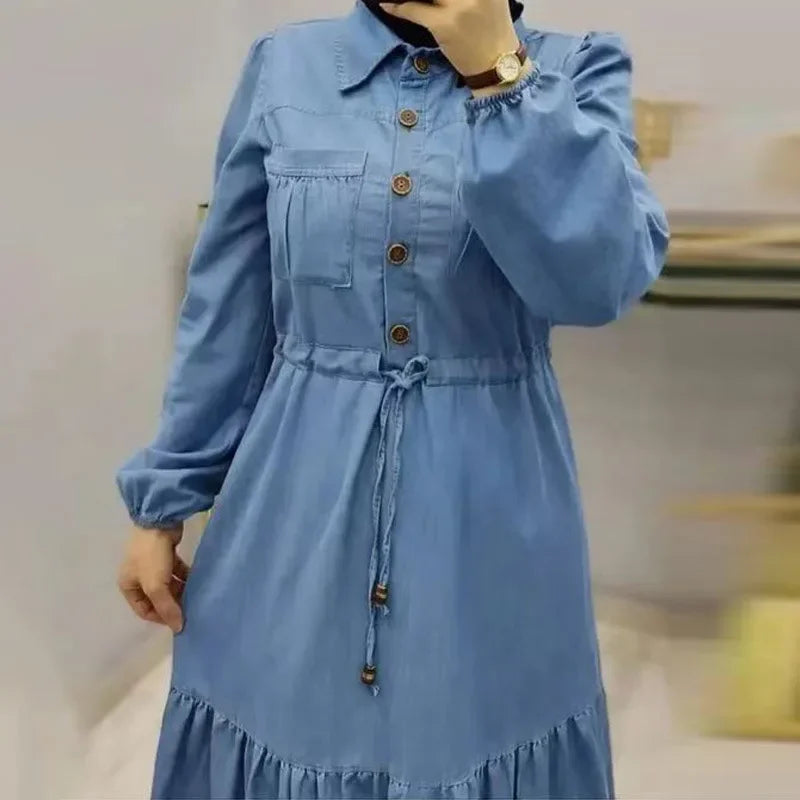 Femme Caftan Islam Clothing Elegant Denim Dress Single-breasted Dubai Turkey Kaftan Muslim Turn Down Collar Dresses for Women