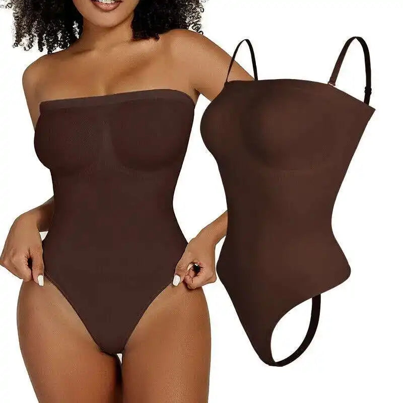 Brown Strapless Thong Bodysuit – Bustier Tube Top, Seamless Tummy Control Shaper