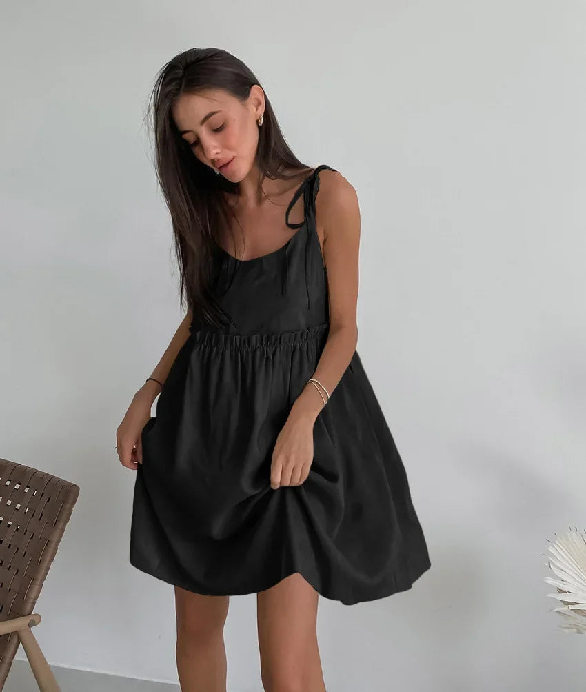 Simple Cotton Backless Suspender Dress Spring and Summer Beach Style Women's Loose Soft Ruffled Edge A-line Suspender Dress