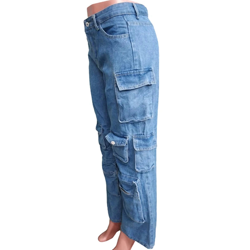 ZOMIGHT Pockets Wide Leg Woman Blue Cargo Jeans Womens Vintage High Waist Baggy Denim Pants Casual Loose Trousers Streetwears