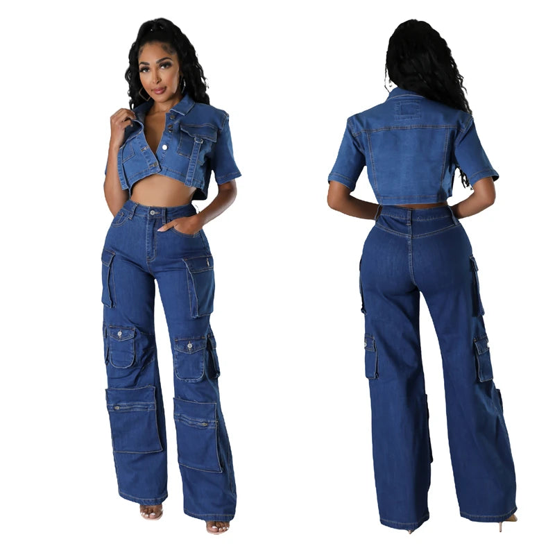 ZOMIGHT Pockets Wide Leg Woman Blue Cargo Jeans Womens Vintage High Waist Baggy Denim Pants Casual Loose Trousers Streetwears