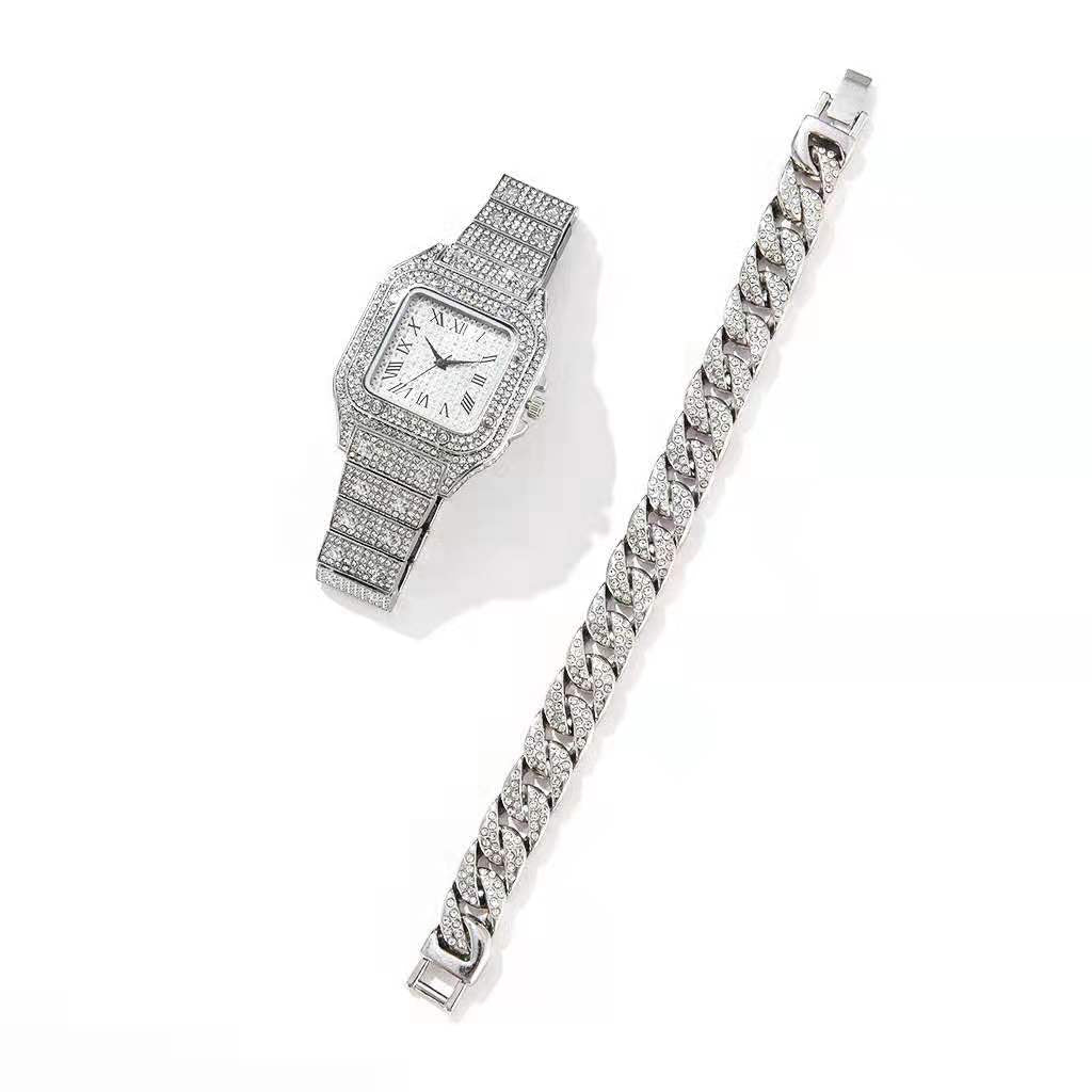 2pcs/set, Men's Large Dial Square Rhinestone Watch & Chain Bracelet