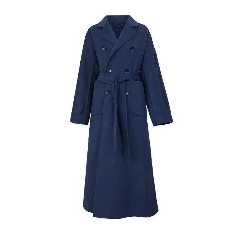 Winter Trench Coat For Women Elegant Fashion Korean Casual Wool Coat Navy Blue Lace-up Long Jacket  Black Woman Coat With Blet