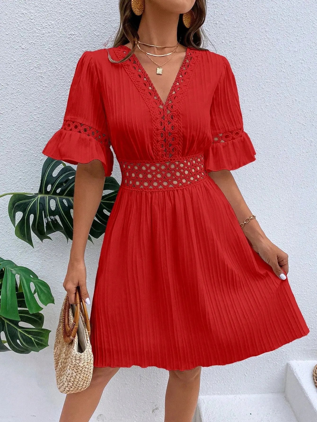 Elegant Women's Midi Dress 2024 Summer New Spliced Lace Fashion V-neck Waistband Solid White Dress Vacation