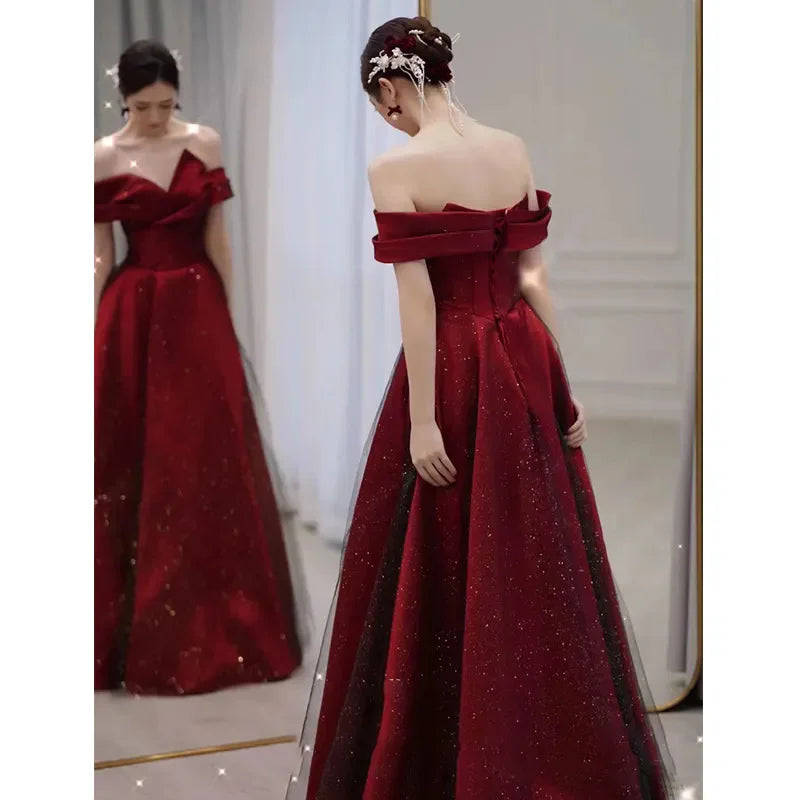 Women Summer Satin Toasting Gown Bride's High-end Feeling, Light Wedding Dress, Red One Shoulder Engagement, Thank-you Banquet