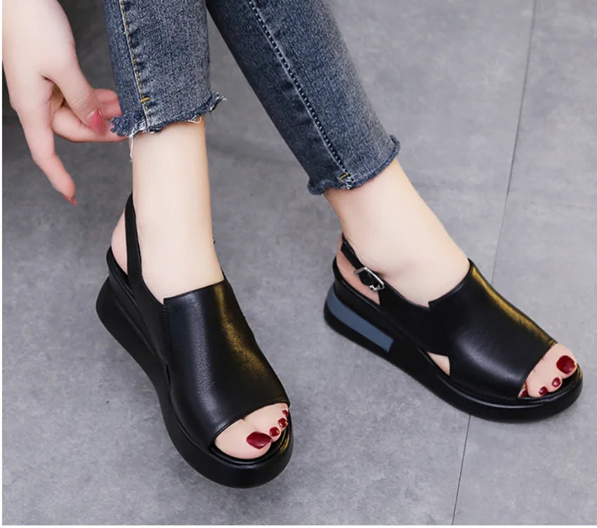 Thick-soled Wedge Sandals Women 2022 New Summer High-heeled Fish Mouth Women's Shoes Soft Leather High Platform Shoes Slippers