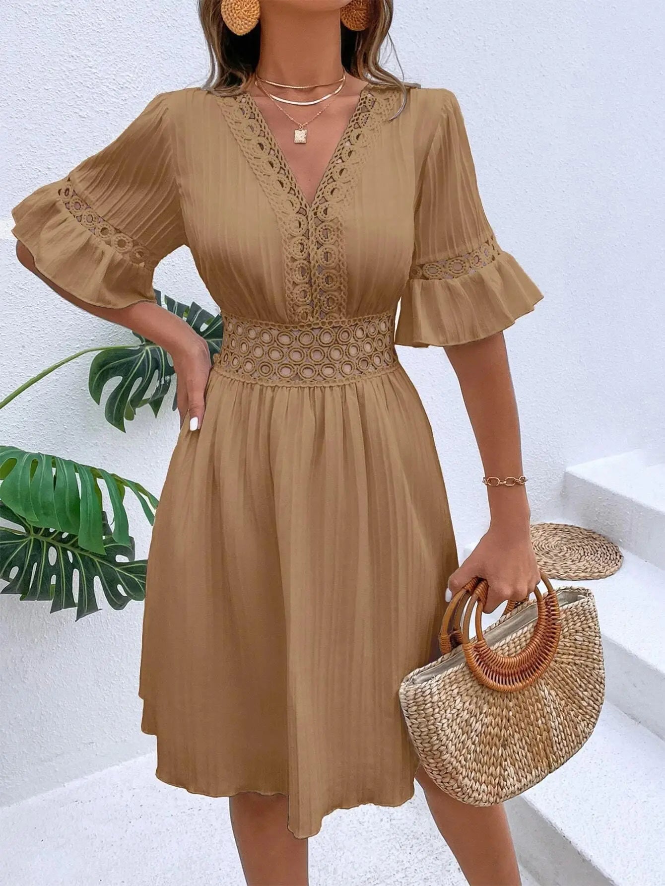 Elegant Women's Midi Dress 2024 Summer New Spliced Lace Fashion V-neck Waistband Solid White Dress Vacation