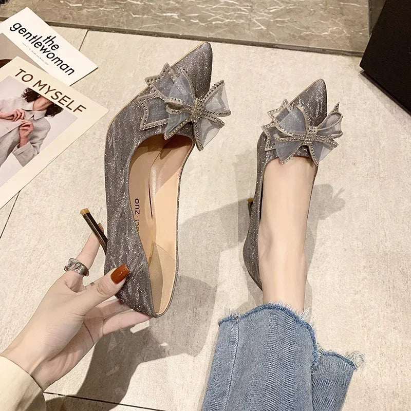 Women's Pumps Cinderella Shoe Rhinestone High Heels Women Pointed Toe Bow-knot Shoe Crystal Party Wedding Shoes Zapatillas Mujer