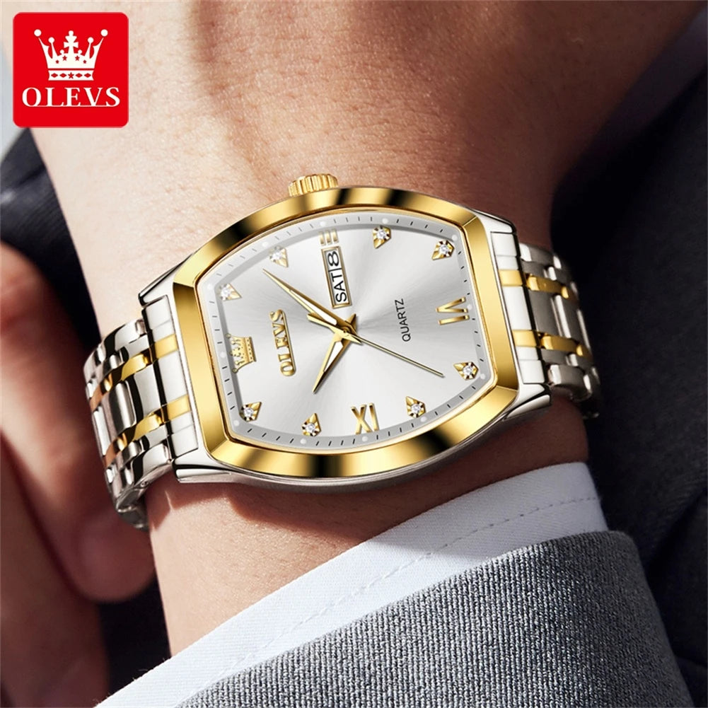 OLEVS 5528 Quartz Men's Watch Luxury Brand Diamond Business Stainless Steel Waterproof Tonneau dial Gold Watch Reloio Masculino