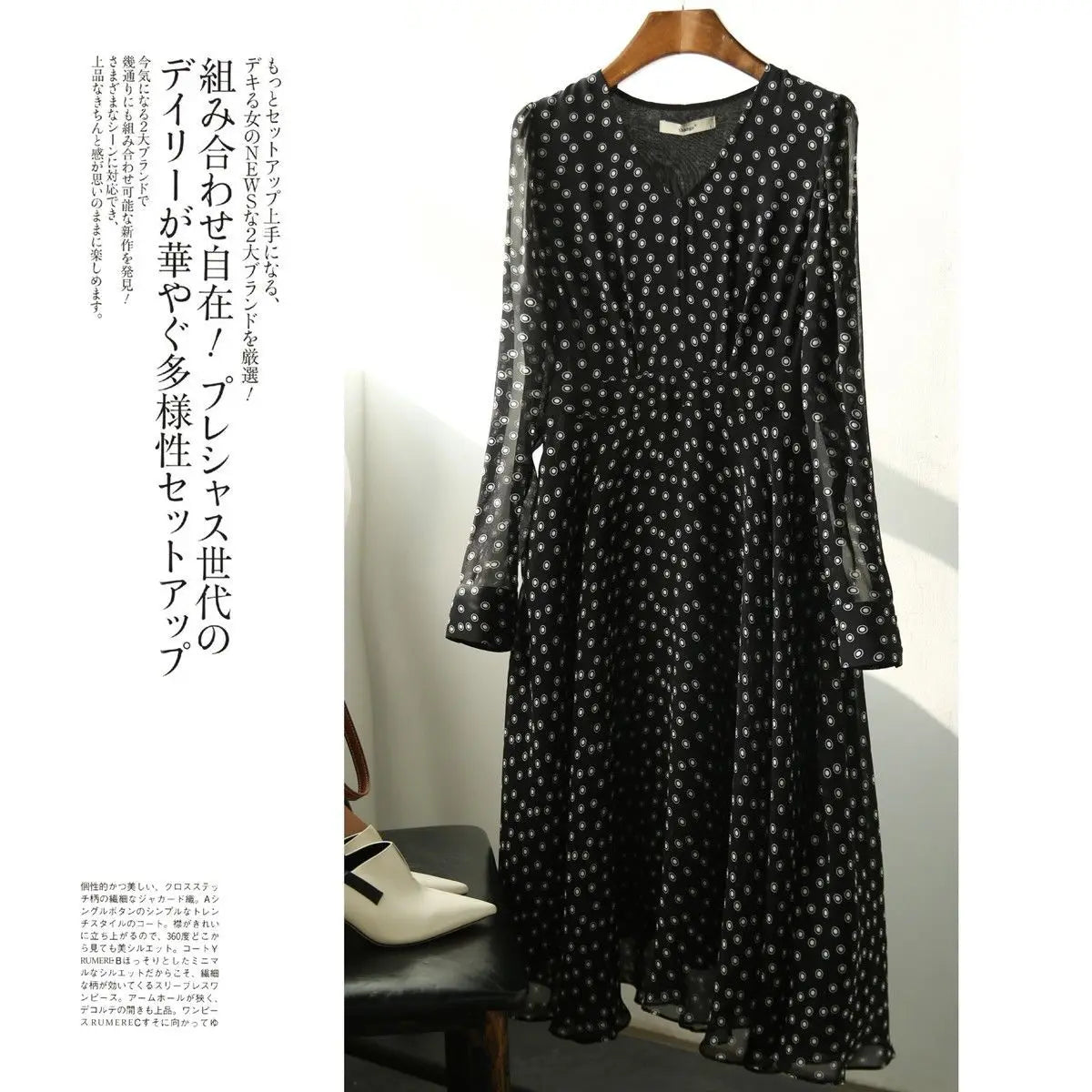 Polka Dot Print Chiffon Elegant Dresses for Women 2023 Summer New Vintage Fashion V-Neck Half Sleeve Casual Ladies Midi Dress