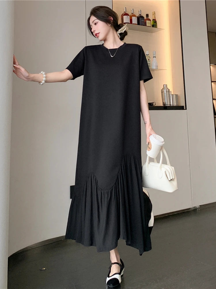 NYFS 2024 Summer New Korea Irregular Woman Dress Vestidos Robe Elbise Loose Plus Size Patchwork Short Sleeve Long Dress