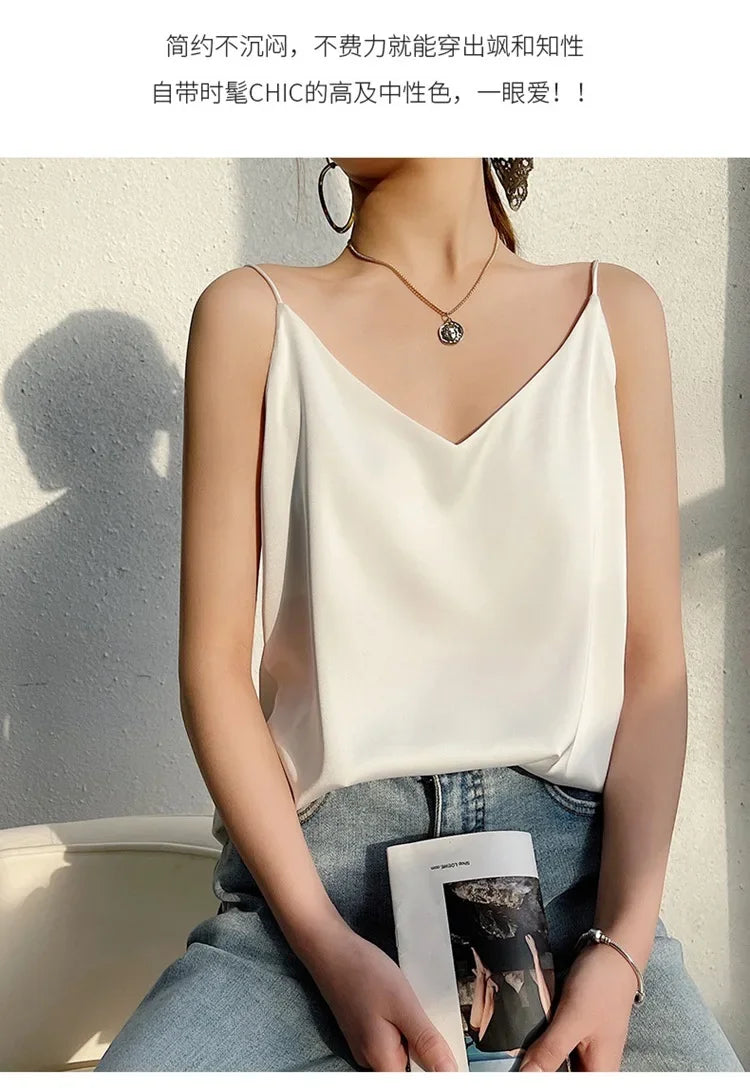 100 silk real silk 2023 summer women's clothing new slim v-neck short temperament inner top one-shoulder camisole