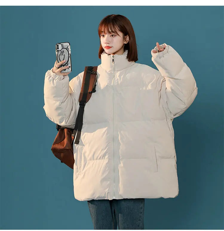 Streetwear Oversize Stand Collar Warm Women's Winter Jacket Solid Color Parka Fashion Casual Winter Coats For Woman