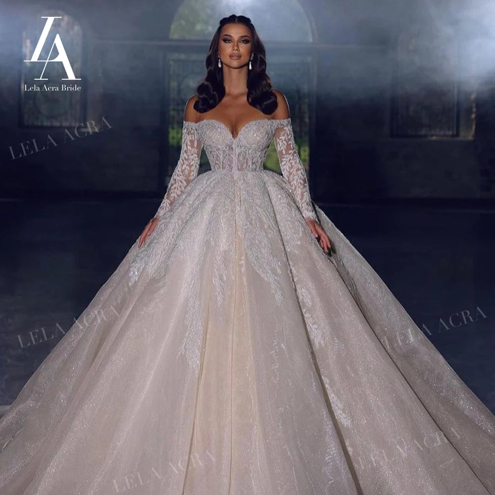 Off the Shoulder Ball Gown Wedding Dress 2024 Long Sleeve Chapel Train Princess Bride LelaAcra SM103 Custom Vestido de Noiv