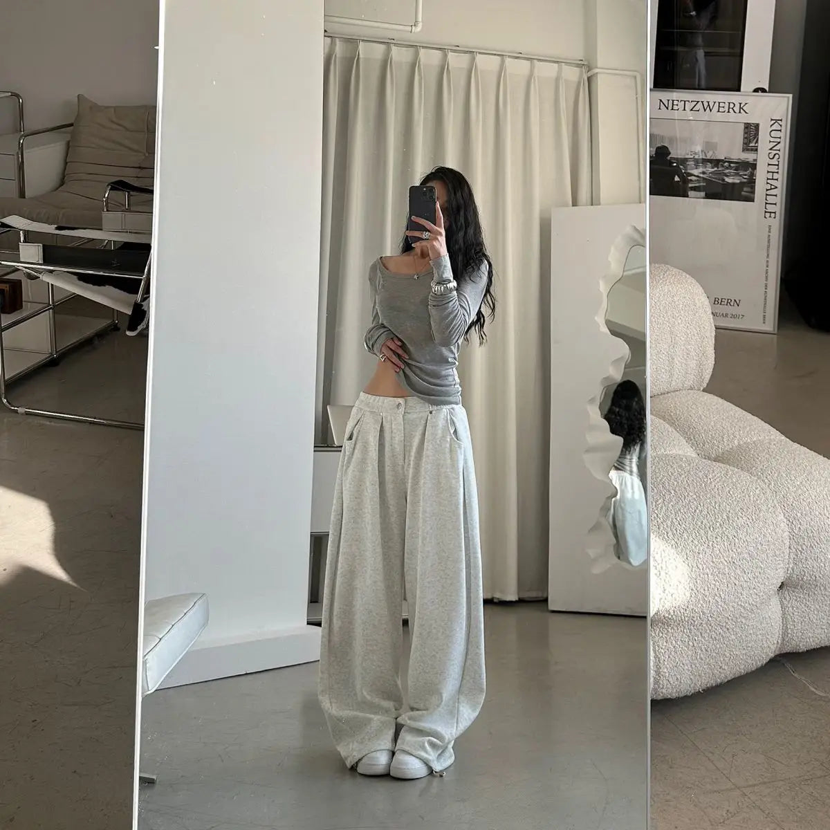 QWEEK Oversized Women Grey Sweatpants Y2k America Style Retro Baggy Pants Casual Sports Streetwear Hip Hop Trousers Joggers