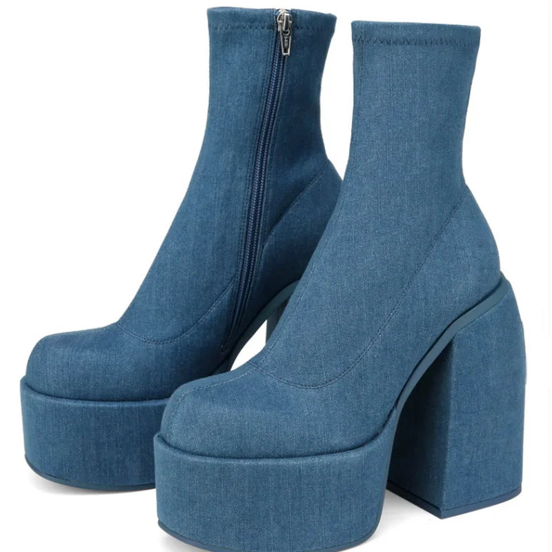 2022 Autumn Winter Round Toe Ladies Matin Boots Jeans Platform  Boots Chunky Heels Boots White Women's Shoes Big Size 41 42