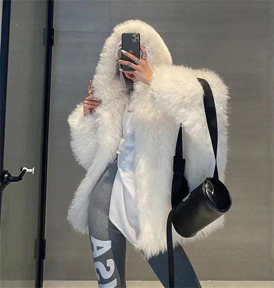 Trendy Hooded Faux Fox Fur Coats super Warm Winter Furry Jacket Women Streetwear Plush Clothing Loose Casual Whiter Chaquetas