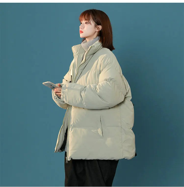 Streetwear Oversize Stand Collar Warm Women's Winter Jacket Solid Color Parka Fashion Casual Winter Coats For Woman