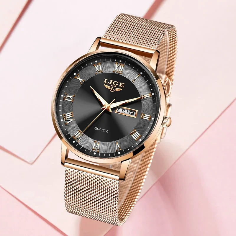 LIGE Fashion Elegant Quartz Women's Watch Bracelet Casual Business Clock Movement Simple Waterproof Mesh Belt Ladies Watches NEW