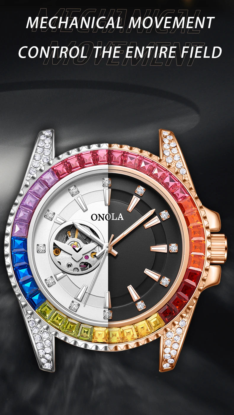 Fashion Colored Diamond Hollowed Out Watch for Men ONOLA Fully Automatic Mechanical Precision Strap for Men's Watch Clock