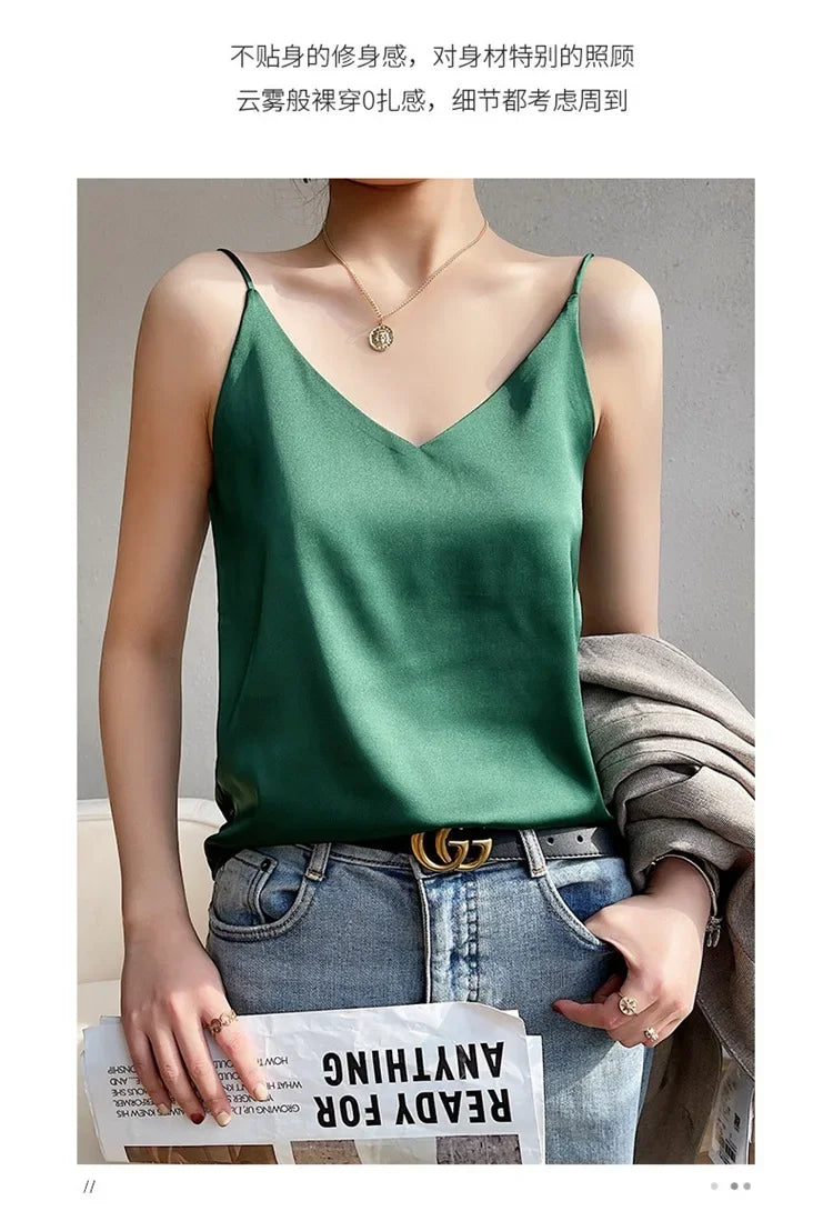 100 silk real silk 2023 summer women's clothing new slim v-neck short temperament inner top one-shoulder camisole