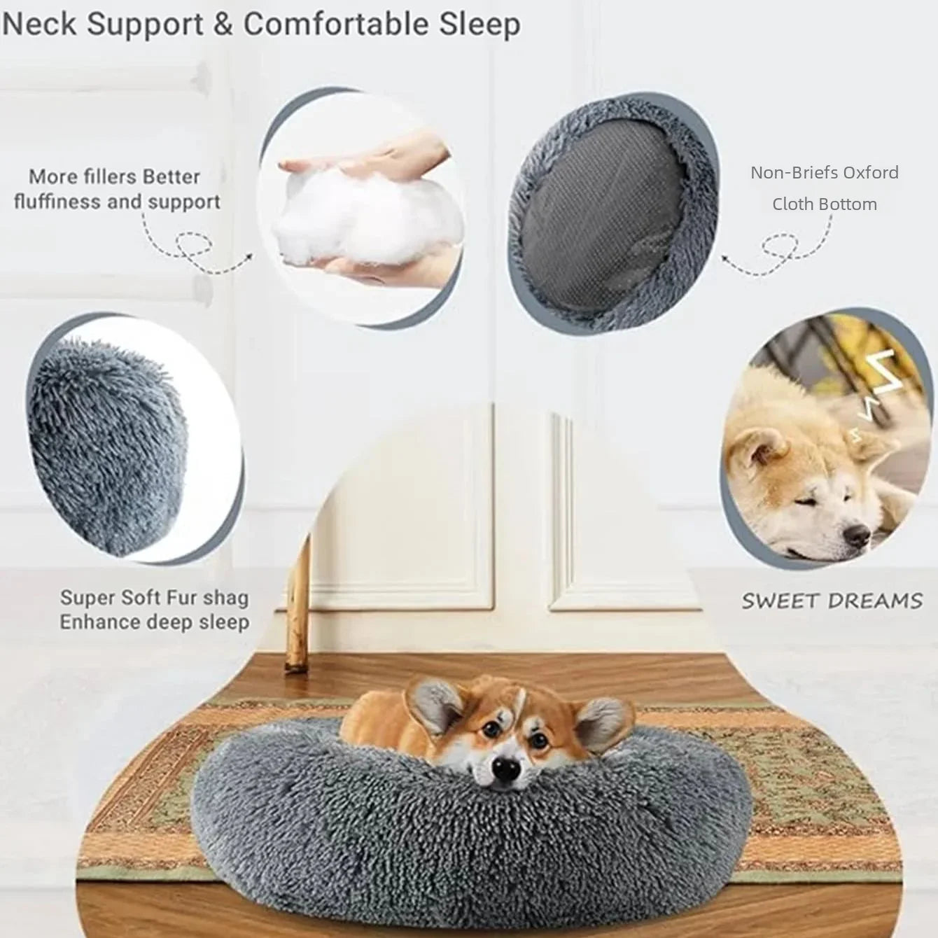 Round Plush Pet Bed – 6 Sizes (40–90 cm) for Large & Medium Dogs, Super Soft Cat Bed, Winter Warm Dog House