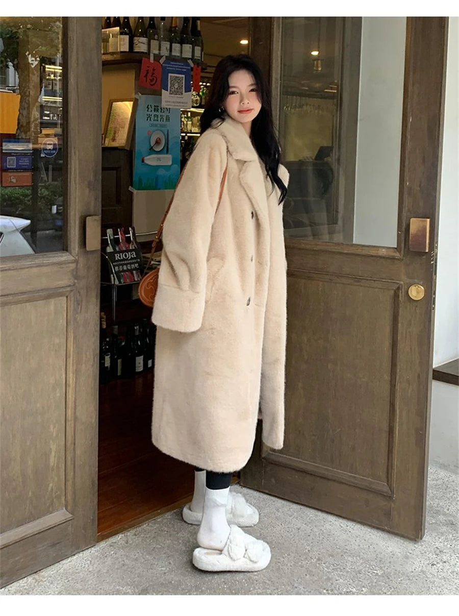 Thicken Warm Long Faux Fur Jackets Loose Warm Imitate Mink Coats Korean Winter Furry Padding Outerwear Women Luxury Overcoat