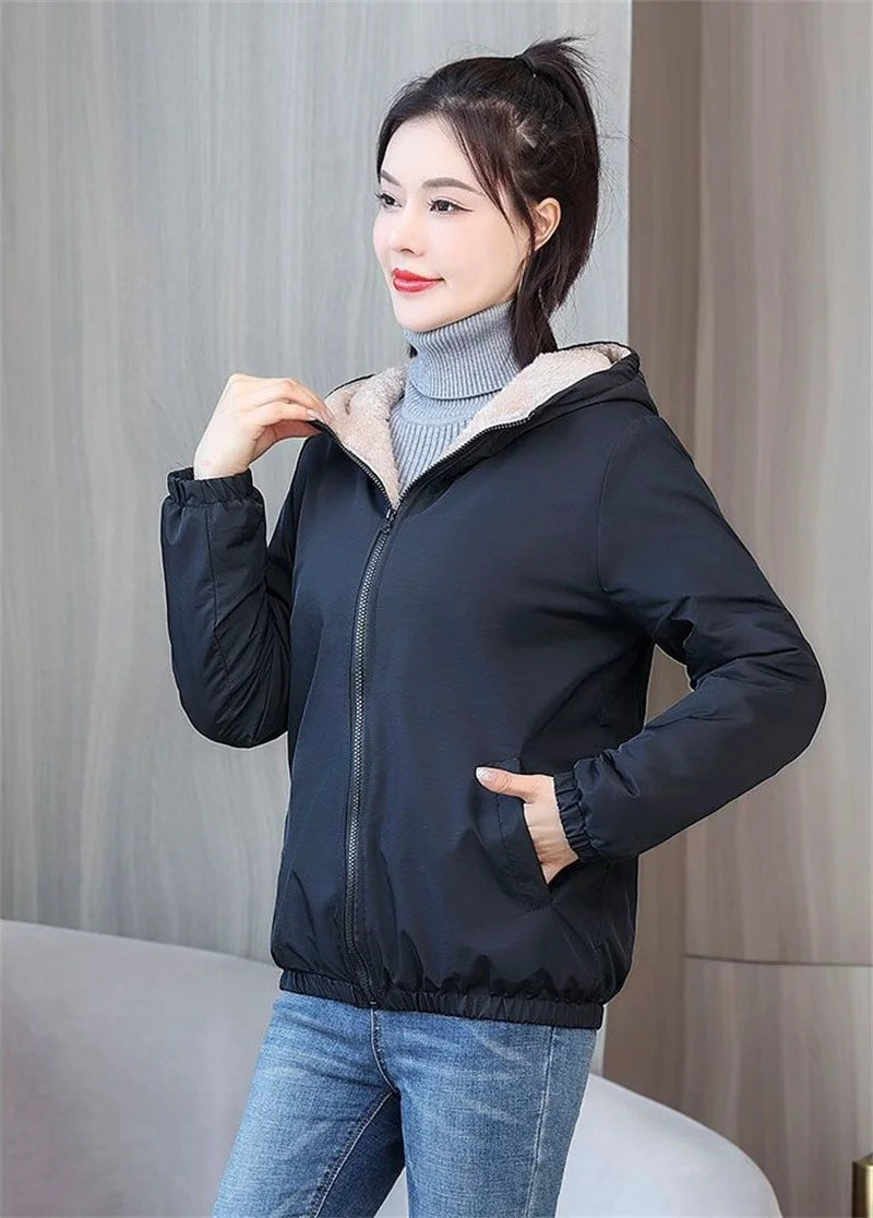 Add Velvet Padded Coat Women 2024 Winter Hooded Outerwear Ladies Warm Cotton-Padded Jacket New Fashion Overcoat Short Female Top