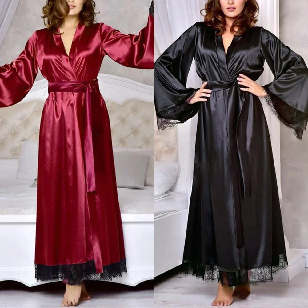 Sexy Women's Silk Satin Long Bathrobe Romance Lace Edge Kimono Robe Nightdress Nightgown Nightwear Sleepwear Home Clothes Female