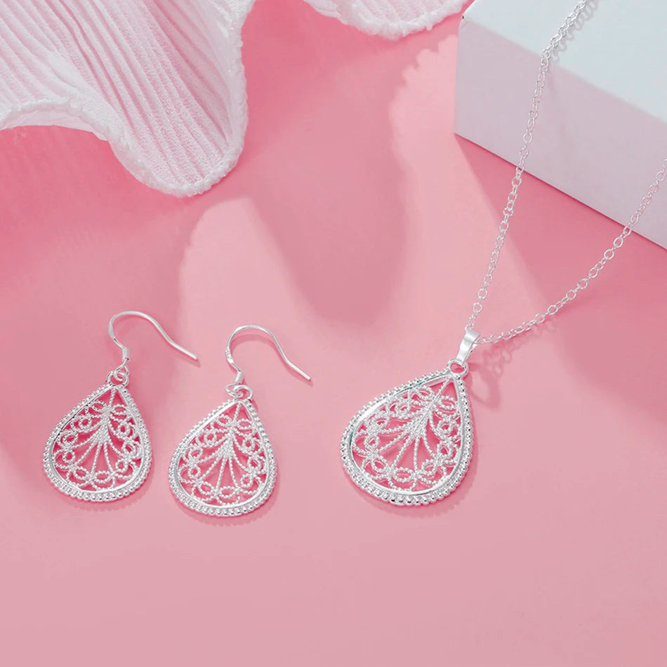 Fine 925 sterling Silver elegant water drop pattern Pendant Necklace earring For Women luxury fashion party wedding Jewelry sets