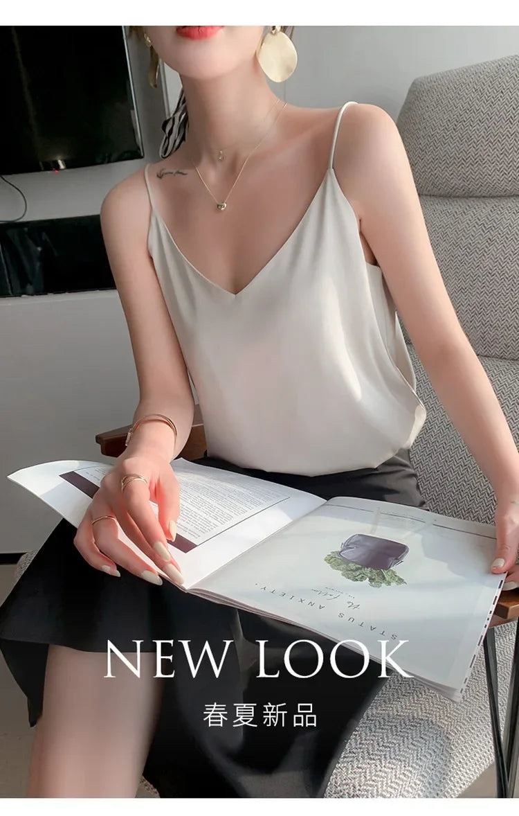 100 silk real silk 2023 summer women's clothing new slim v-neck short temperament inner top one-shoulder camisole