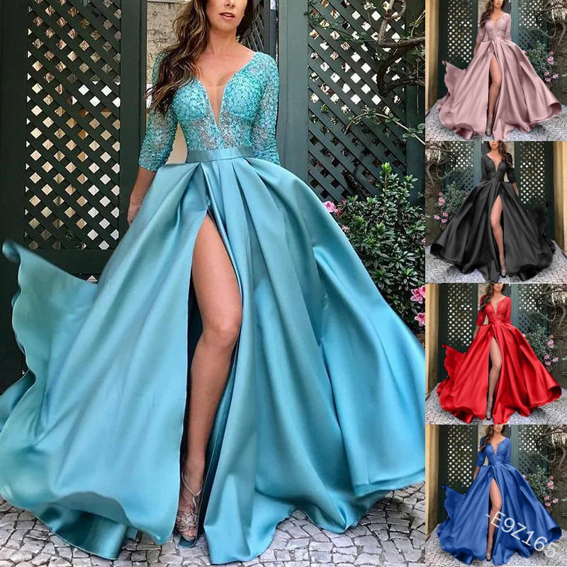 2024 Women's V Neck Ladies Dresses Tailing Full Elegant Embroidery Long Evening Dress for Women Princess Dress