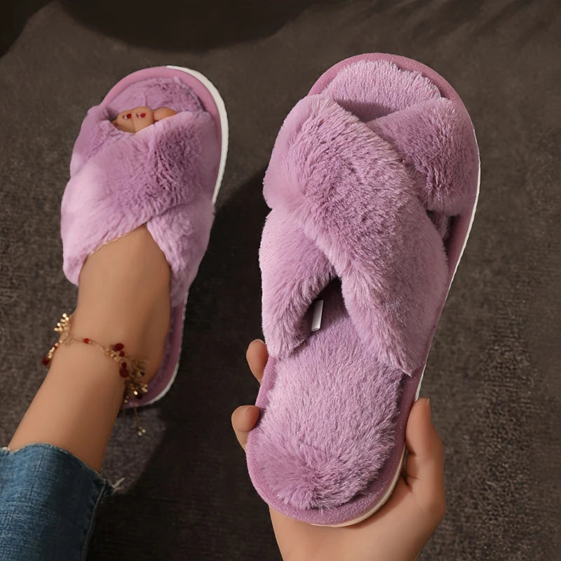 CrissCross Band Plush House Slippers for Women Open Toe Soft Sole Fuzzy Home Shoes Woman Winter Cozy Warm Indoor Floor Slippers