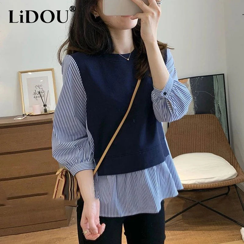 Autumn Winter Round Neck Striped Patchwork Loose Casual Sweatshirt Top Women 3/4 Sleeve Jumper All-match Pullover Female Clothes